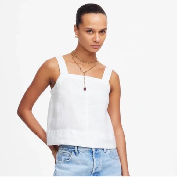 Madewell Contrast-Stitch Squareneck Top NWT in 100% Linen White XXS - Picture 1 of 11